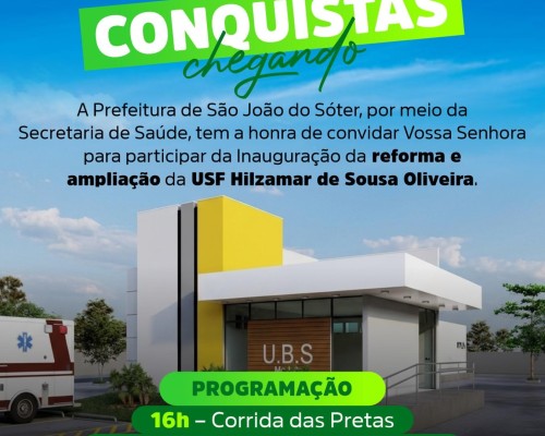 Nova estrutura de saúde será entregue à população de São João do Sóter