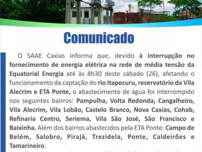 Interrupção de energia elétrica afeta abastecimento de água em bairros de Caxias