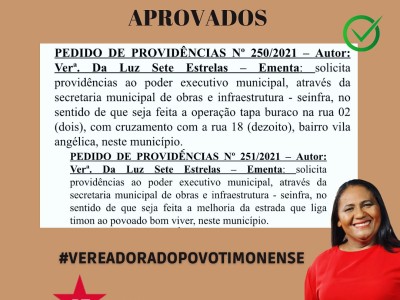 Vereadora Da luz 7 Estrelas tem solicitações aprovadas na Câmara municipal de Timon 