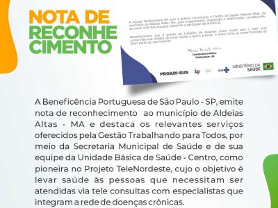 Beneficência Portuguesa de São Paulo emite nota de reconhecimento do Centro de Saúde de Aldeias Altas.