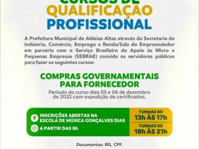 Prefeitura oferta curso profissionalizante para servidores públicos de Aldeias Altas