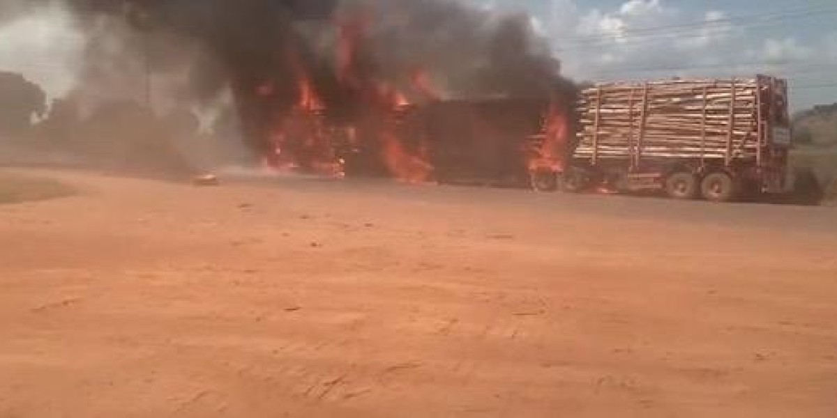 Carreta carregada com eucalipto pega fogo na MA-386, em Imperatriz