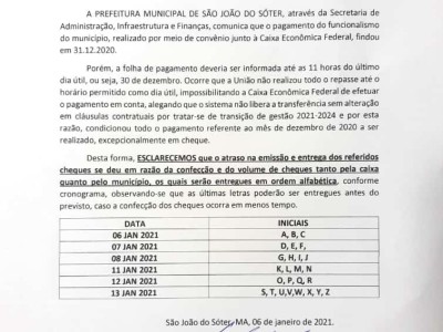 Prefeitura de São João do Sóter desmente falta de pagamentos dos professores 