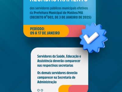 Prefeitura convoca Servidores Públicos Efetivos para fazer o recadastramento, em Matões