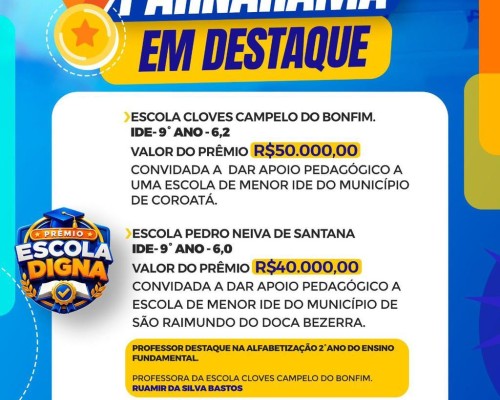 Parnarama conquista destaque estadual na educação e reforça posição de referência no Maranhão