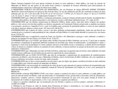  Ministério Público do Maranhão Instaura inquérito civil para apurar existência de danos ao meio ambiente e saúde pública de Matões