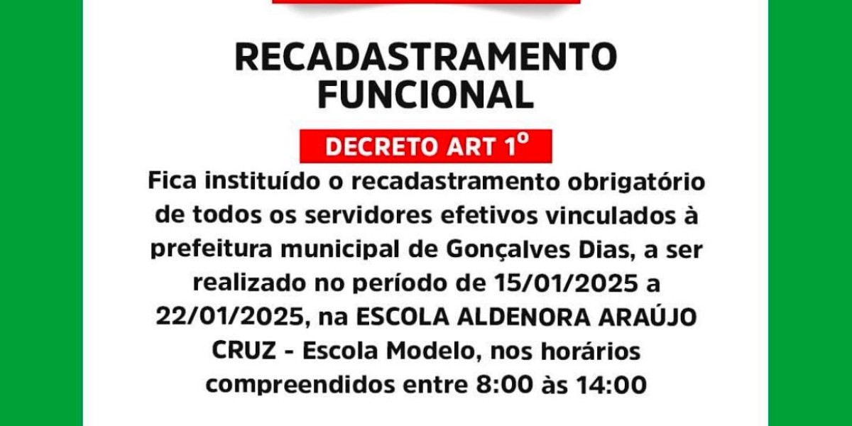 Prefeitura de Gonçalves Dias convida servidores efetivos para realizar o recadastramento