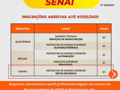 Senai Caxias oferta vaga de emprego para instrutor