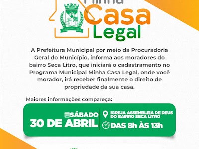 Prefeitura de Aldeias Altas inicia neste sábado (30) cadastramento do programa Minha Casa Legal  