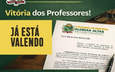 Câmara derruba veto e garante reajuste salarial para professores em Aldeias Altas