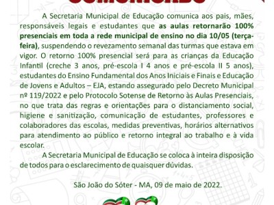 Prefeitura retorna às aulas 100% presenciais nesta terça-feira (10) em São João do Sóter