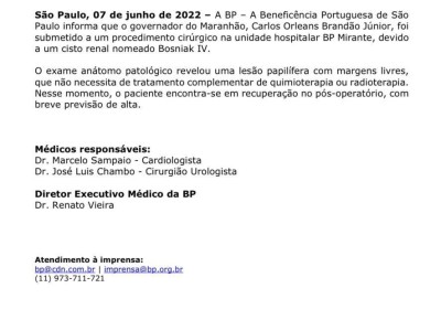 Carlos Brandão passa por nova cirurgia para retirada de cisto nos rins
