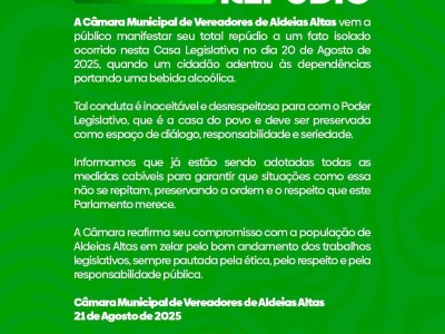 Câmara Municipal de Aldeias Altas reforça compromisso com ordem e respeito em nota oficial